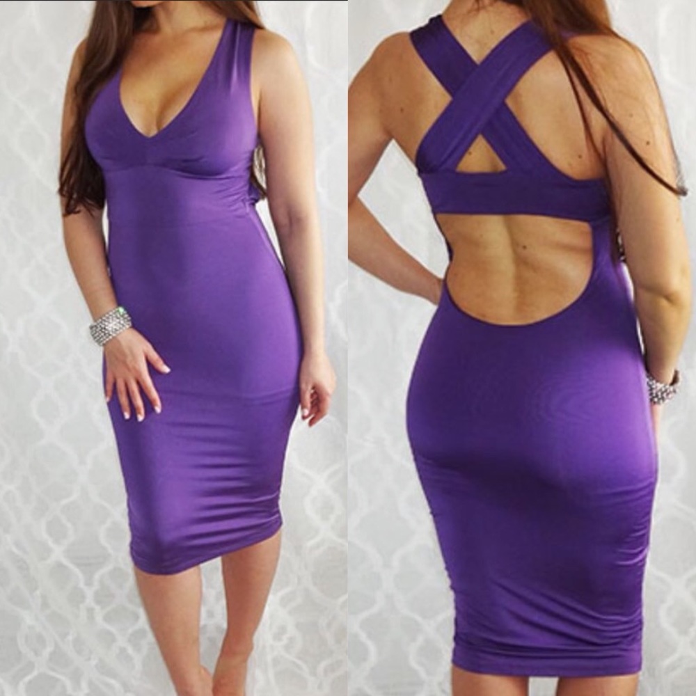 Marciano Purple Open X Back Vneck Bodycon Midi Cocktail Evening Party Dress XS